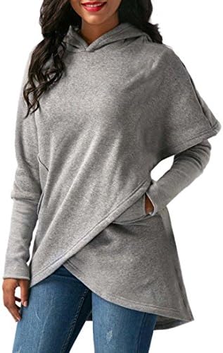 Womens Hoodie Quistal Long Sleeve Hooded Sweatshirt Jumper Wrap Asymmetric Hem Outwear Pullover Hoodies Tops With Pockets Plus Size UK 8-14 (UK 14, Gray)