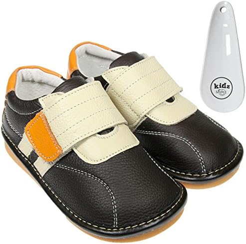 Freycoo - Boys Girls Toddler Childrens Real Leather Squeaky Shoes - Dark Brown & Cream with Velcro - with Shoe Horn