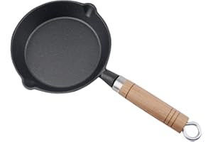 UPTALY Φ Mini poêle à omelette miniature en fonte de 16 cm, sans revêtement, anti-adhésive physique, petite poêle à frire avec poignée en bois, poêle miniature noire, poêle à frire portable pour