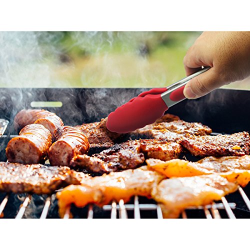 Pixnor Küche aus Edelstahl Essen Zangen mit Silikon-Tipps für BBQ, Kochen und Backofen, Set 3, rot - 5