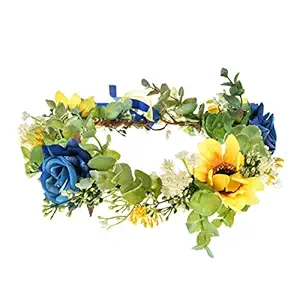Floral Fall Adjustable Greenery Rose Bridal Flower Headband Maternity Photo Shoot Hair Wreath Halo FL-21 (Sunflower Blue)