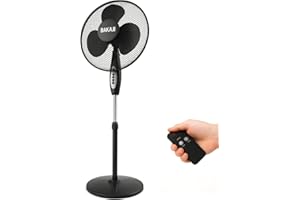 BAKAJI Ventilatore a Colonna Piantana Potenza 45W Diametro Pale 40cm 3 Velocità Selezionabili Altezza regolabile Oscillazione Orizzontale e Telecomando per Controllo a Distanza (Nero)