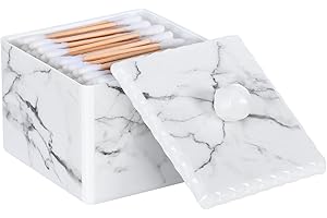 Luxspire Pudełko na bawełnę prętą, pudełko do przechowywania z pokrywką stojakiem na wymazy bawełniane, marmurowe pudełko do przechowywania bawełny, kosmetyczny makijaż do sypialni, biały marmur