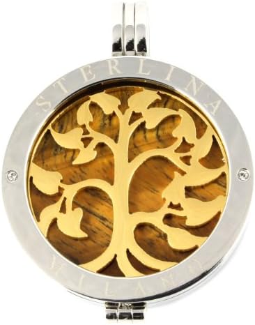 Milano Tree Coin Necklace Silver Locket Pendant Holder Tree &amp; Stone Gold Tree On Tigers Eye 36 Inch Chain