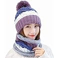 Alexvyan Twist Color Winter Very Soft Warm 1 Set Snow Proof Knitted Ball Cap (Inside Fur) Woolen Beanie Cap + Neck Muffler Scarf Set for Ladies Women Girl