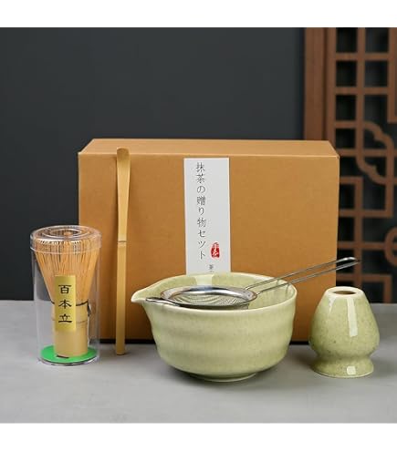Set Matcha 5 Pièces En Céramique - Fouet En Bambou, Bol, Passoire, Porte-fouet - Pour Cérémonie Du Thé Japonais