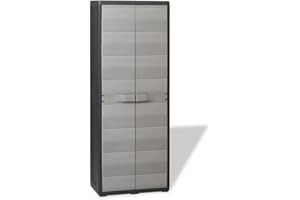 Lechnical Garden Storage Cabinet Storage Box, Tall Plastic Storage Cupboard, Outdoor Tool Toys Organiser Locker Shed, Lockable (without Lock), 2 Doors, 3 Shelves Black and Grey