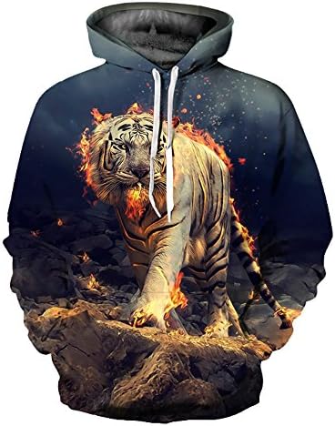 Unisex Women Realistic 3d Print Galaxy Pullover Top Slim Fit Hooded Hoodie Sweatshirt (Large/X-Large, Tiger Fire)