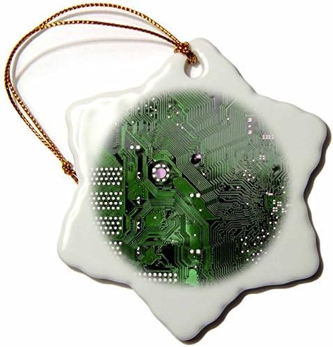 cwb2jcwb2jcwb2j 3-Inch Porcelain Snowflake Decorative Hanging Ornament, "Green Computer Chip Photo Microchip-Motherboard Electronics Circuits-Tech Geek Nerd"