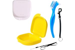 SV LIFE [Set 5 pzs] Cajas Ortodoncia + Cepillo Limpiador | incl. Mosquetón y Cordón para Colgar | Estuches con Agujeros para Dentadura postiza, Alineador, Férula, Retenedor (Amarillo + Blanco)
