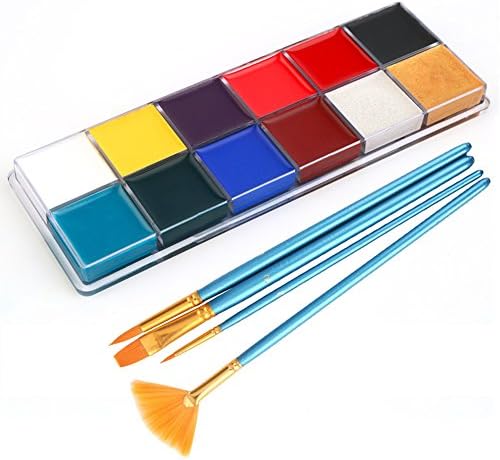 Face&amp;Body Paint Oil Painting, VONISA 12 Flash Colors Professional Art BeautyMakeup Set Halloween Party Fancy Dress with 4pcs makeup brushes Artist Palette Cosmetic Case Makeup Palette-Art Makeup Set (12 Grease Paints+Brushes)