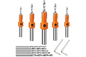 ASNOMY Zestaw wierteł pogłębiających do drewna, 5 szt. wierteł pogłębiających z 5 szt. dodatkowych wierteł pilotażowych, stożkowe wiertła stożkowe z okrągłym trzpieniem 8 mm, zestaw wierteł