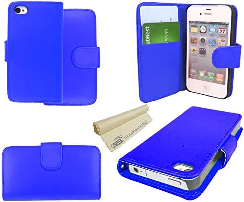 Pu Leather Case Cover Fits For Iphone 4 4s 4g + 2X Screen Guard (Plain Blue Book Type)