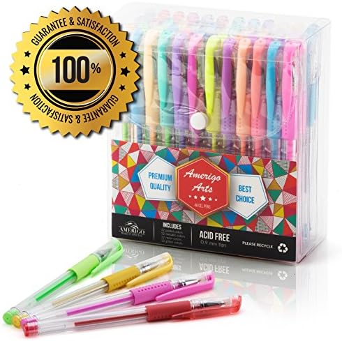 Amazing Gel Pens for Adult Colouring Books by Amerigo - Set of 48 Assorted Colors Includes Glitter, Metallic, Pastel, Neon Gel Pens (Black included) - Express Yourself + GRIP for Your COMFORT!