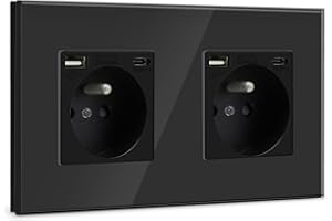 BSEED Gniazdo ścienne z USB i 1 Typem C zasilania 16 A AC ze Szklanym Panelem, Listwa Zasilająca ścienna Maks. 2,1 A, Odpowiednia do Smartfonów, Tabletów (2 Gniazdo z USB i Typem C, Czarny)