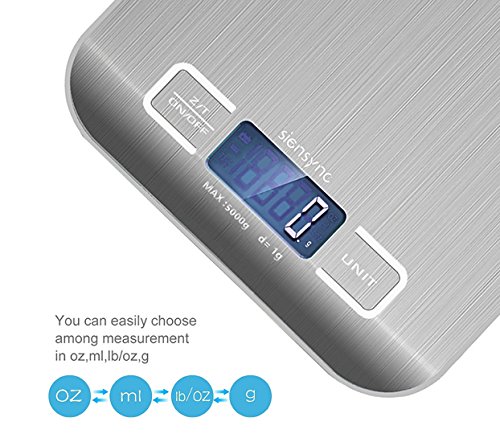 5Kg Digitale Küchenwaage, Siensync SF-2012 Mini Electronische Edelstahl Waage mit LCD Display, Hohe Präzision auf bis zu 1g Silber - 3