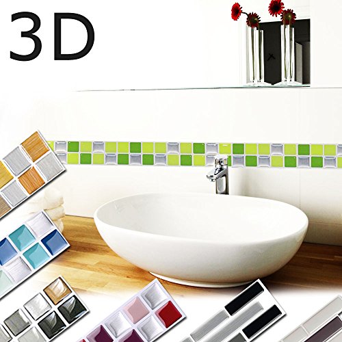 7er Pack 25,3 x 3,7 cm Wandaro 3D Mosaik Fliesenaufkleber W3366 große Auswahl für Küche Bad Fliesendekor selbstklebend Folie hellgrün grün silber Design 9
