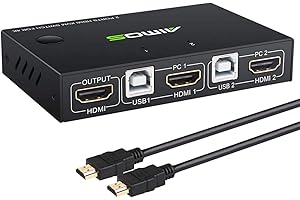 AIMOS KVM Switch, Hotkey HDMI Switcher Box 2 In 1 Out For 2 Computers Share Keyboard, Mouse And Monitor Support 4K@30Hz for Laptop, PC With Windows/Linux/Mac System, With 2x USB, 1x HDMI Cable