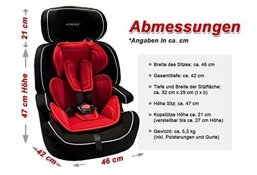 XOMAX XM-K5 RED BLACK Autokindersitz + Gruppe I / II / III (9 – 36 kg) + ECE R44/04 geprüft + Farbe: Schwarz / Rot + mitwachsend + 5-Punkte-Sicherheitsgurt + Kopfstütze verstellbar + Rückenlehne abnehmbar / Bezüge abnehmbar & waschbar - 7