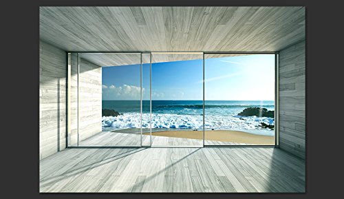 Fototapete Meer Fenster 350×245 cm – VLIES TAPETE PREMIUM – PROFI QUALITÄT – Top moderne Wanddeko – Riesen Wandbild – Top Design Tapete – Neue exklusive Edition mit noch besser Druckauflösung – Deutsches Premium Vlies – Meer See Natur Landschaft Fenster 3D Holz c-A-0084-a-c - 2