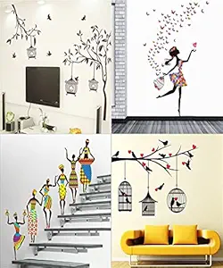 Ghar Kraft Set of 4 Wall Sticker Tribal Lady | Free Bird Cage Brown | Dream Girl | Dream Girl | Dream Girl | Love Birds with Hearts