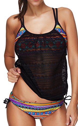 Bettydom Vestido de Traje de Baño de Mujer de Dos Piezas, Color de Golpe, con Cobertura Sobre Vientre y Espalda (2X-Large, Hilado)