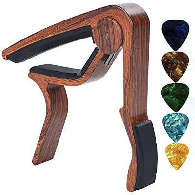 NIAFEYA Guitar Capo Parfait pour guitare acoustique, électrique ou guitare, ukulélé, banjo, mandoline, basse avec 5 médiators - Recommandé par les musiciens (bois de rose)