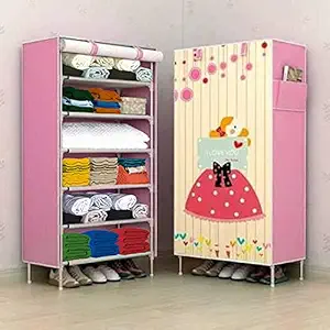 Sampri Nx Wardrobe for Clothes Multipurpose 6 Shelves Clothes Storage Wardrobe (Digital Printed) Panoramic Cabinet with Side Pockets Fancy and Portable Foldable (Hopeful-Pink)