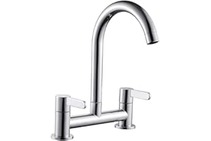 JTWEB Kitchen Sink Mixer Taps Hot Cold Dual Lever Monobloc Chrome Swivel Spout 1/4 Turn Deck Mounted Kitchen Taps with UK Standard Fittings (Silver)