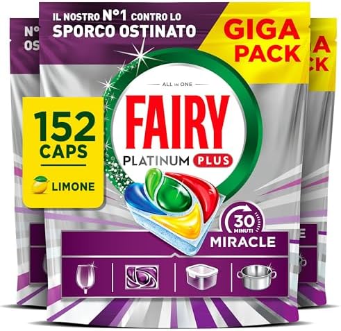 Fairy 30 Minuti Miracle Detersivo Pastiglie Lavastoviglie, 152 capsule, Limone, Il N.1 Contro Lo Sporco Ostinato, Potente Anche Nei Cicli Brevi, GIGA Pack