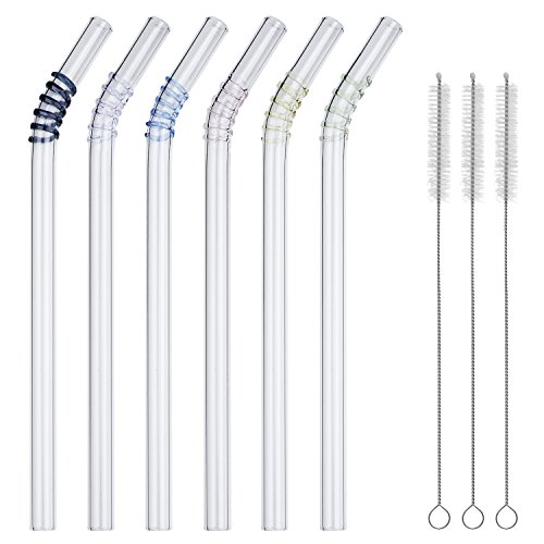 GINOVO 6pcs Glas-Strohhalme , 3pcs Reinigungsbürste, 8inch (200mm x 10mm) , Handgefertigt , Gesund , Wiederverwendbar , Umweltschonend (Gebogen)