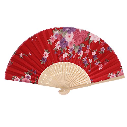 sourcingmap® Stoff Chinesischer Stil Blumenmuster Tanzend Faltreifen Statt Hand-fächer Rot