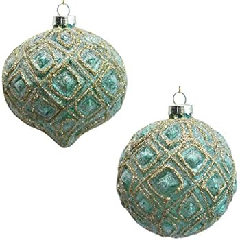2 Glaskugeln Kugel Zapfen Türkis Gold Glitter Strass
