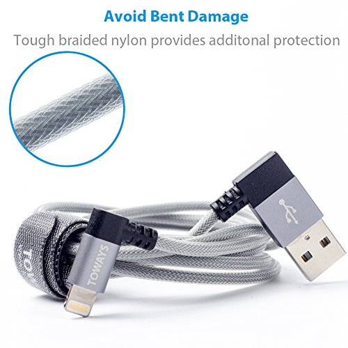 Lightning Kabel Toways iPhone Ladekabel [Apple MFi zertifiziert] 90 Grad Winkel Stecker 1.2m Nylon USB Datenkabel für iPhone 7 / 7 Plus / 5 / iPhone 6 / iPhone SE / 6 / 6 Plus / 6s / 6s Plus / 5 / 5c / 5s, iPad Pro Air Air 2 mini2 mini3 4th Gen, iPod Nano 7th Gen, DJI Mavic Pro Drone – Grau - 2
