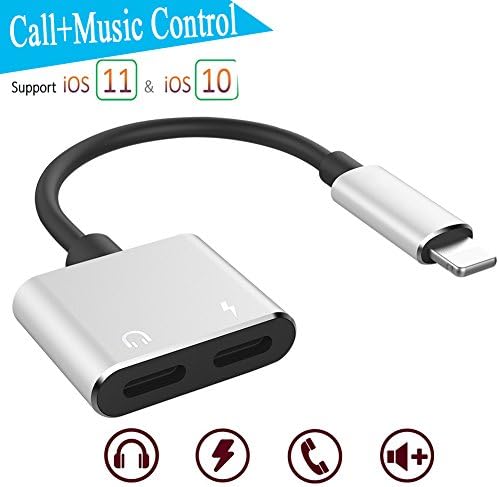 Lightning Jack Adapter,Lightning Adapter for iPhone 8/8 plus/X/10,Dual Lightning Headphone Adapter &amp; Splitter,Earphone Adaptor and Charging Cable Converter for iPhone 7/7 Plus,Headphone Audio Cable + Charger Port for iPhone,Support Control Volume+Call+Charge (Supports IOS 10.3/11 or Later)
