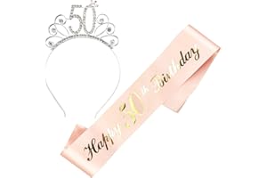 JKJF Happy 50 Cumpleaños Banda y Tiara de Cristal - Corona de Estrás Diadema para Mujer - Regalo y Decoración de Fiesta - Oro Rosa 2 Unidades