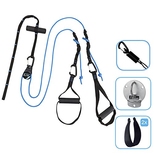 aeroSling ELITE PLUS (Modell 2017) - Profi-Sling Trainer mit Umlenkrolle, Türanker, Online-DVD, Poster - blaues Hauptseil