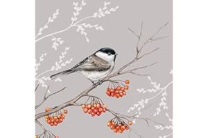 TIGERS ON THE LOOSE Paper Napkins for Decoupage, 4 Single Lunch Size Paper Napkins, Bird on Branch Grey