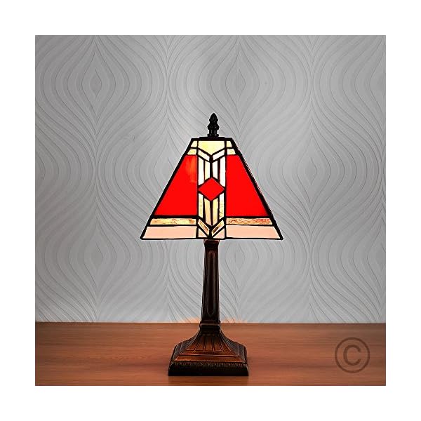 Tiffany Style Bronze Base and Red and White Stained Glass Designer Aztec Table Lamp - Image 3