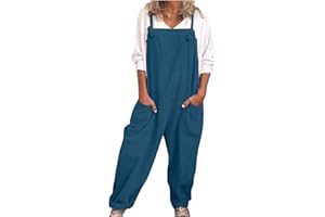 KUIH Linen Dungarees for Women UK, Casual Jumpsuit Dungarees Women'S Work Trousers Summer Overall Jumper Sleeveless Dungarees Wide Leg Large Pocket Oversize Leisure Suit One Piece for Holiday Outgoing