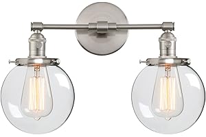 Phansthy Vintage Wall Lights with Globe Glass Lamp Shades, 2 Lights Wall Lamps, Indoor Switched Sconces Rustic Wall Lamps for Living Room Kitchen Bedroom Vanity Mirror (Brushed)