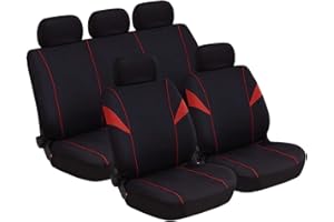 Lupex Shop Coprisedili universali in poliestere adattabili a tutte le auto con sedili standard - con 2 zip sui schienali posteriori - modello H - Nero/Rosso