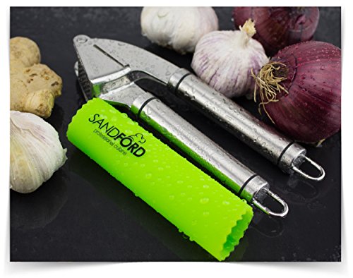 Sandford Knoblauchpresse | Edelstahl-Presse mit gratis Silikon-Knoblauchschäler | Knoblauchschneider Set mit Schäler / Knoblauch-Rolle | zur Verarbeitung von Knoblauch und Ingwer | spülmaschinenfest - 2