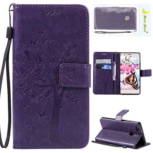 Handyhülle Huawei P9 Plus Leder, Huawei P8/P8 Lite Flipcase,Huawei P9/P9 Lite Leder Cover, Moon mood® PU Leder Tasche für Huawei P9 Plus 5.5 Zoll Schutzhülle Leder Wallet Portemonnaie Kasten-Slot Baummuster Geprägt Abdeckung BookStyle Standfunktion Flip Case Buchformat Unterstützung Magnetverschluss Kartenhalter Weichen TPU Innen Etui Cover