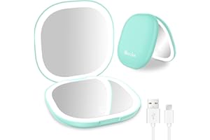 wobsion Miroir de Voyage avec Lumière LED, Rechargeable 1x/10x Miroir Grossissant Compact de Poche, Miroir Double à Main avec Lumière pour Sac à Main, Sac à Main-Cyan