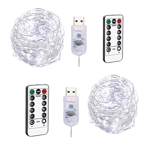 BXROIU 2 x100LEDs Cadena de Luces 10m Guirnalda de Luces con 8 programa y tiempo de elección,con Control Remoto y USB Blanco frio