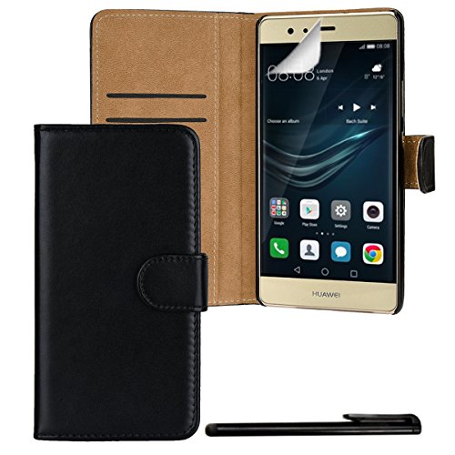 4in1 Billetera Funda para - Huawei P9 - Carcasa con Cierre magnético y Función de Soporte, en Negro + 1x Protector de pantalla + 1x Lápiz capacitivo