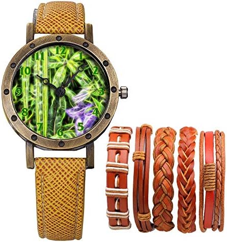 Girlsight Brand Retro Bronze Vintage Leather Strap Ladies Girl Quartz Watch Bracelet 6 Sets Abstract Flowers 523.Raindrops, Blossom, Leaves, Rainy Day, Purple Flower