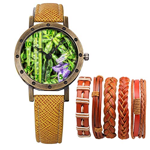 Girlsight Brand Retro Bronze Vintage Leather Strap Ladies Girl Quartz Watch Bracelet 6 Sets Abstract Flowers 523.Raindrops, Blossom, Leaves, Rainy Day, Purple Flower