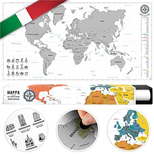 #benehacks Mapa del Mundo en Italiano Tipo póster para rascar SIGA Sus Aventuras de Viaje en un Mapa detallado del Mundo - Mapamundi Plata/Blanco - 84 x 44 cm